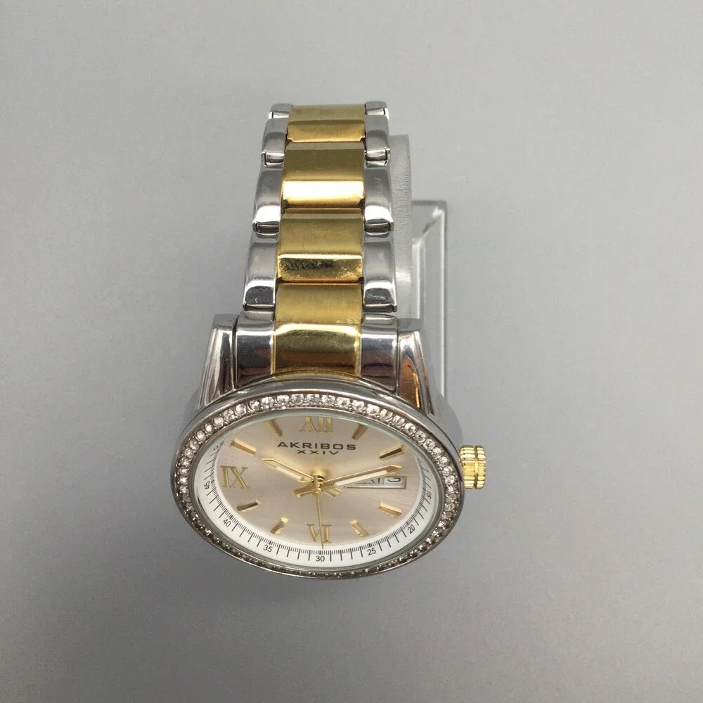 Akribos XXIV Womens Watch 36mm Two Tone Crystal Bezel Day Date New Battery 6